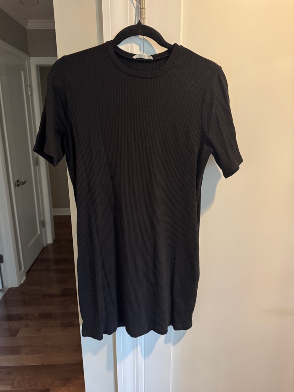 Reformation Black Ribbed Short Sleeve Crewneck Dress